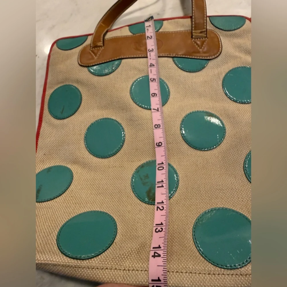 Fossil Y2K Canvas & Leather Teal Polka Dot Tote Bag